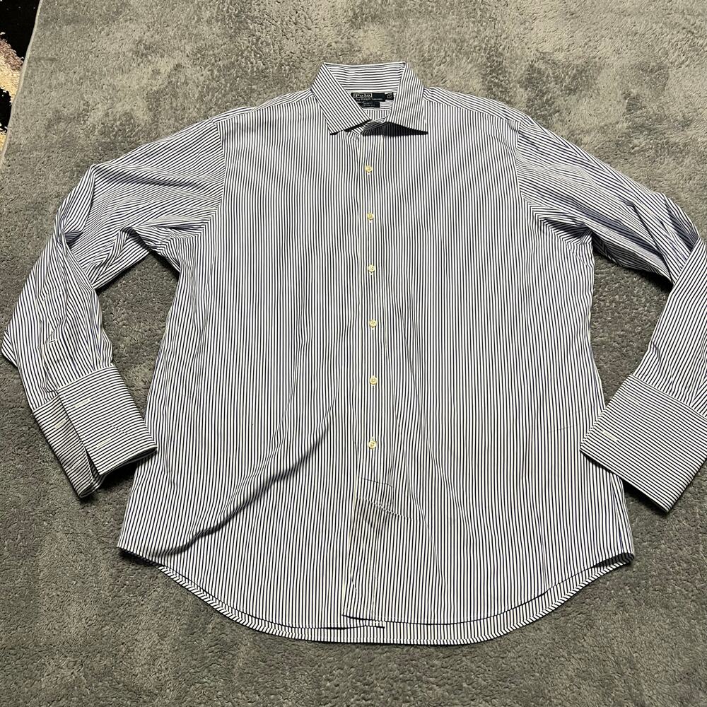 Polo Ralph Lauren Shirt Mens 17.5 Blue White Striped Regent French Cuff Button